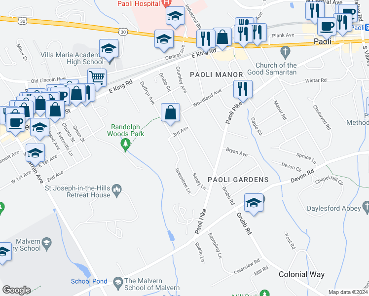 map of restaurants, bars, coffee shops, grocery stores, and more near 11 Sandy Lane in Malvern