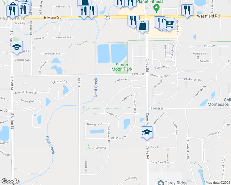 map of restaurants, bars, coffee shops, grocery stores, and more near 16898 Oak Manor Drive in Westfield