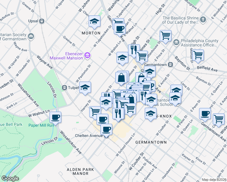 map of restaurants, bars, coffee shops, grocery stores, and more near 244 West Haines Street in Philadelphia