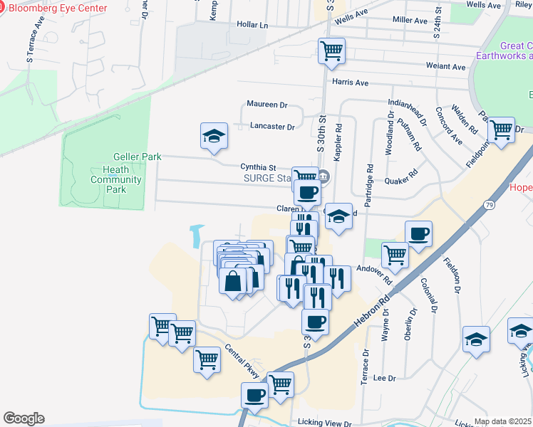 map of restaurants, bars, coffee shops, grocery stores, and more near 63 Claren Dr in Heath