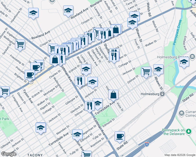 map of restaurants, bars, coffee shops, grocery stores, and more near 4401 Loring Street in Philadelphia