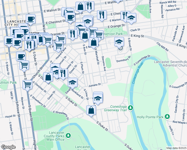 map of restaurants, bars, coffee shops, grocery stores, and more near 520 New Dauphin Street in Lancaster