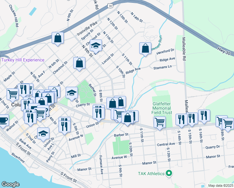map of restaurants, bars, coffee shops, grocery stores, and more near 915 Blunston Street in Columbia