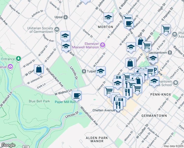 map of restaurants, bars, coffee shops, grocery stores, and more near 401 West Walnut Lane in Philadelphia