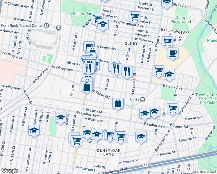 map of restaurants, bars, coffee shops, grocery stores, and more near 5507 North 3rd Street in Philadelphia
