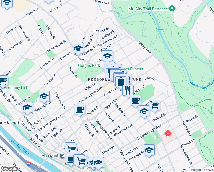 map of restaurants, bars, coffee shops, grocery stores, and more near 455 Leverington Avenue in Philadelphia
