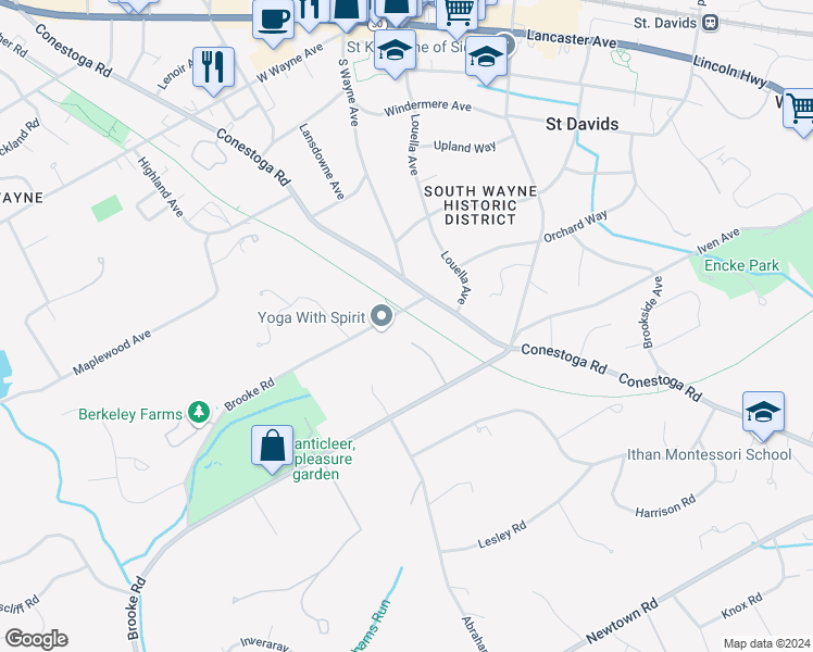 map of restaurants, bars, coffee shops, grocery stores, and more near 647 Brooke Road in Wayne