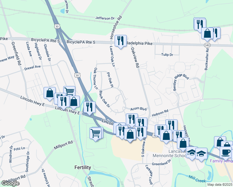 map of restaurants, bars, coffee shops, grocery stores, and more near 208 Black Oak Drive in Lancaster