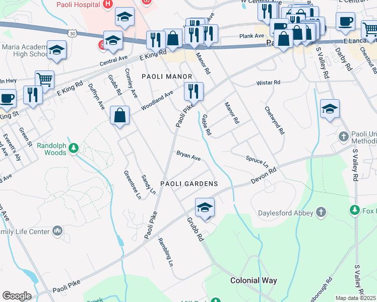 map of restaurants, bars, coffee shops, grocery stores, and more near 9 Bryan Avenue in Malvern