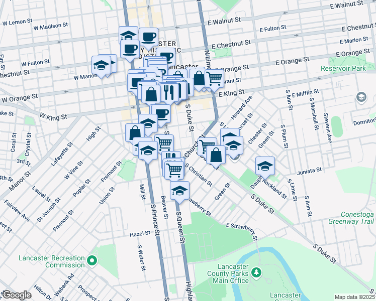 map of restaurants, bars, coffee shops, grocery stores, and more near 36 1/2 East Farnum Street in Lancaster