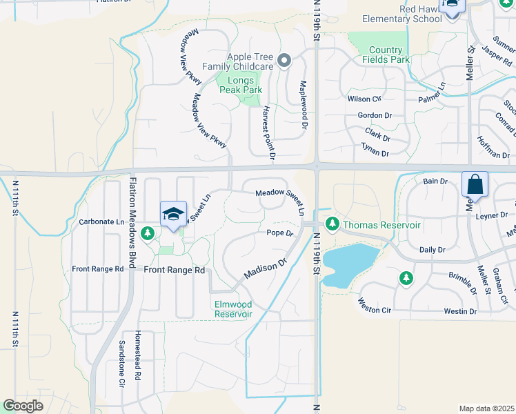 map of restaurants, bars, coffee shops, grocery stores, and more near 2181 Cottonwood Place in Erie