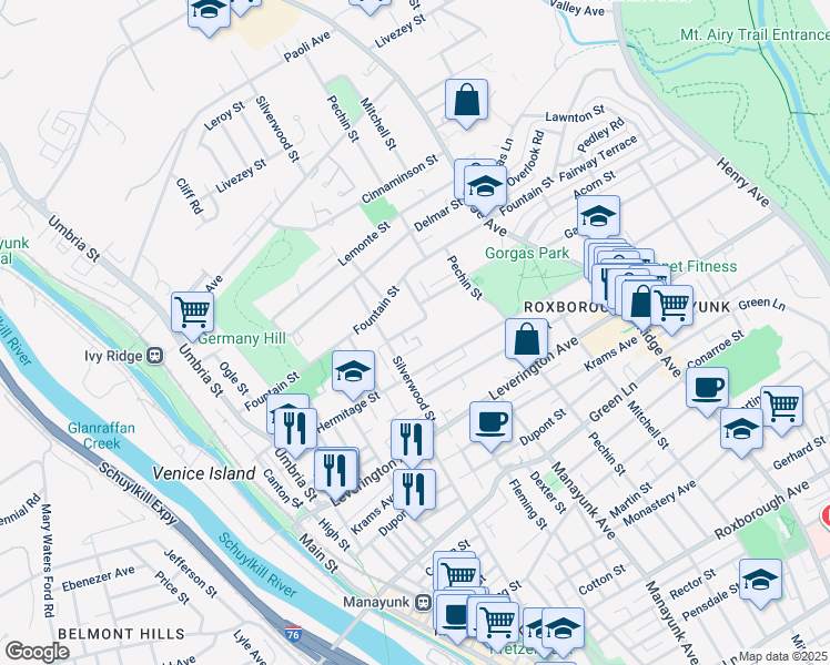 map of restaurants, bars, coffee shops, grocery stores, and more near 327 Gates Street in Philadelphia
