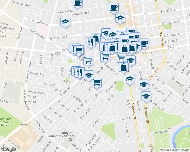 map of restaurants, bars, coffee shops, grocery stores, and more near 502 High Street in Lancaster