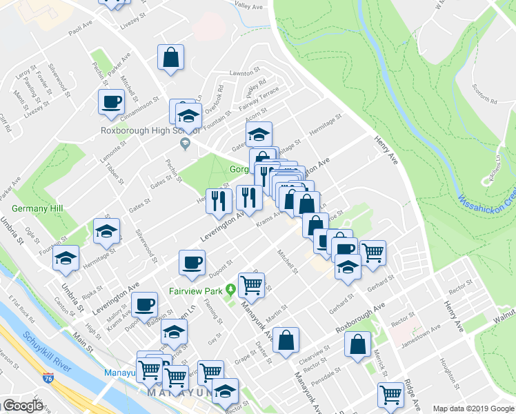 map of restaurants, bars, coffee shops, grocery stores, and more near 455 Leverington Avenue in Philadelphia