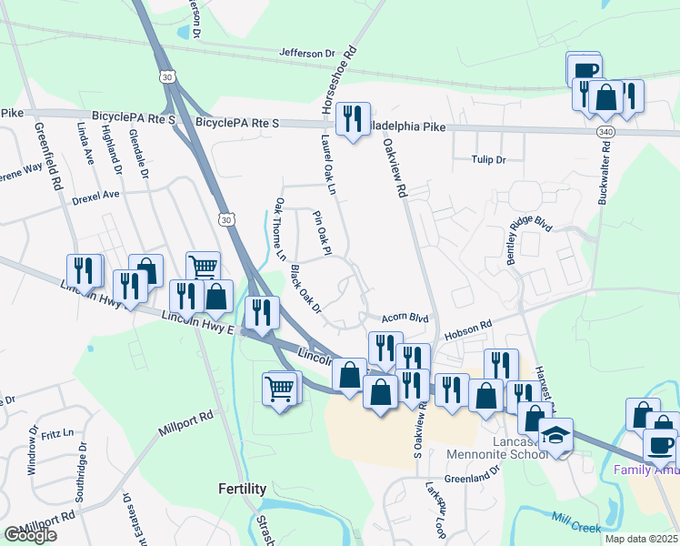 map of restaurants, bars, coffee shops, grocery stores, and more near 208 Black Oak Drive in Lancaster