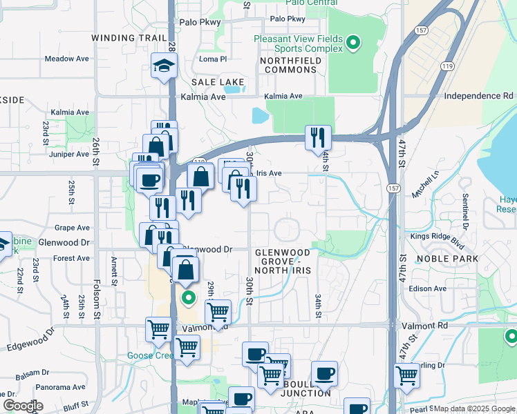 map of restaurants, bars, coffee shops, grocery stores, and more near in Boulder