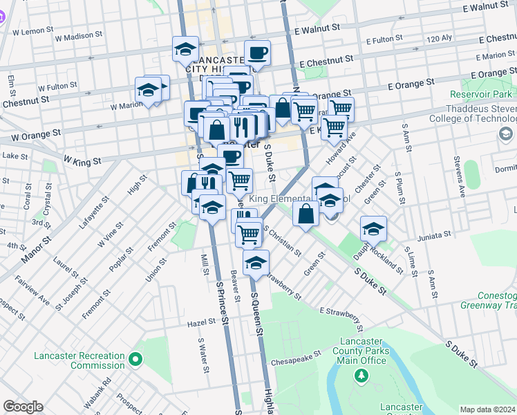 map of restaurants, bars, coffee shops, grocery stores, and more near 24 South Christian Street in Lancaster