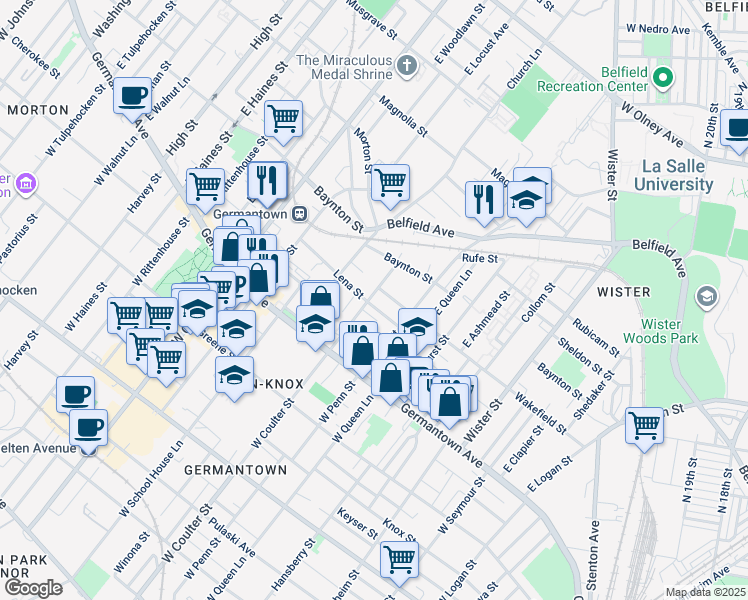 map of restaurants, bars, coffee shops, grocery stores, and more near 5353 Lena Street in Philadelphia