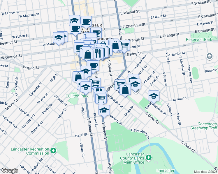 map of restaurants, bars, coffee shops, grocery stores, and more near East Farnum Street in Lancaster