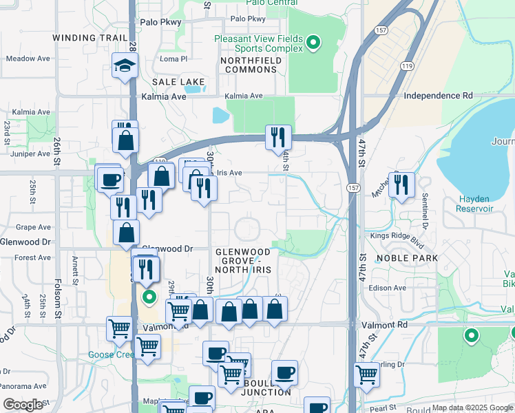 map of restaurants, bars, coffee shops, grocery stores, and more near 3300 Bridger Trail in Boulder