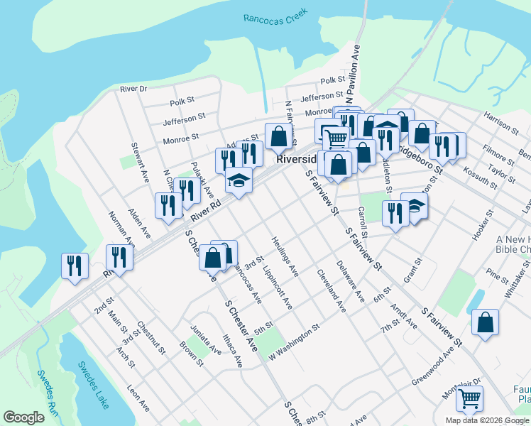 map of restaurants, bars, coffee shops, grocery stores, and more near 128 Cleveland Avenue in Riverside