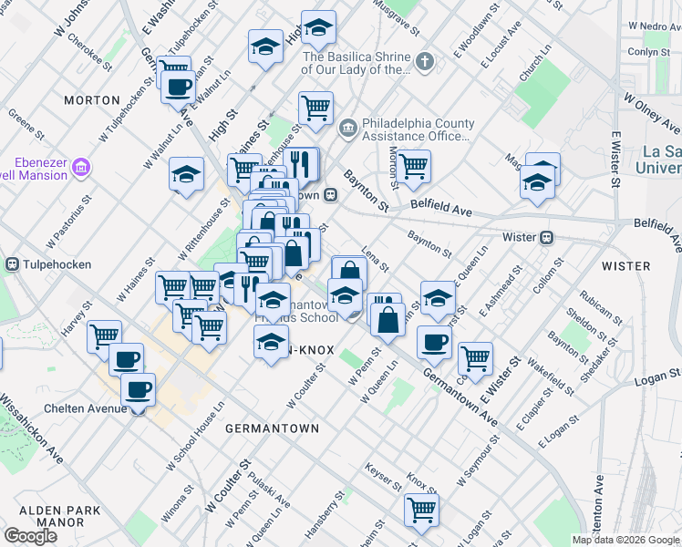 map of restaurants, bars, coffee shops, grocery stores, and more near 51 Church Lane in Philadelphia
