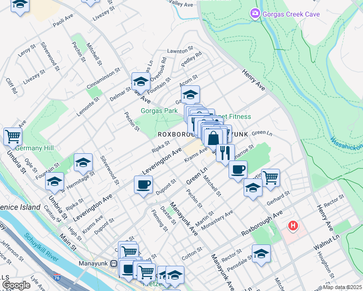 map of restaurants, bars, coffee shops, grocery stores, and more near 442 Leverington Avenue in Philadelphia