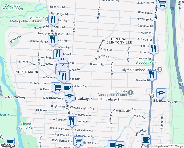 map of restaurants, bars, coffee shops, grocery stores, and more near 175 Piedmont Road in Columbus