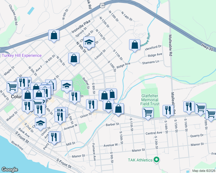 map of restaurants, bars, coffee shops, grocery stores, and more near 927 Blunston Street in Columbia