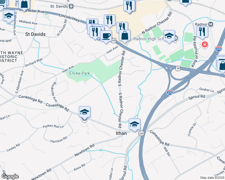 map of restaurants, bars, coffee shops, grocery stores, and more near 216 South Radnor Chester Road in Villanova