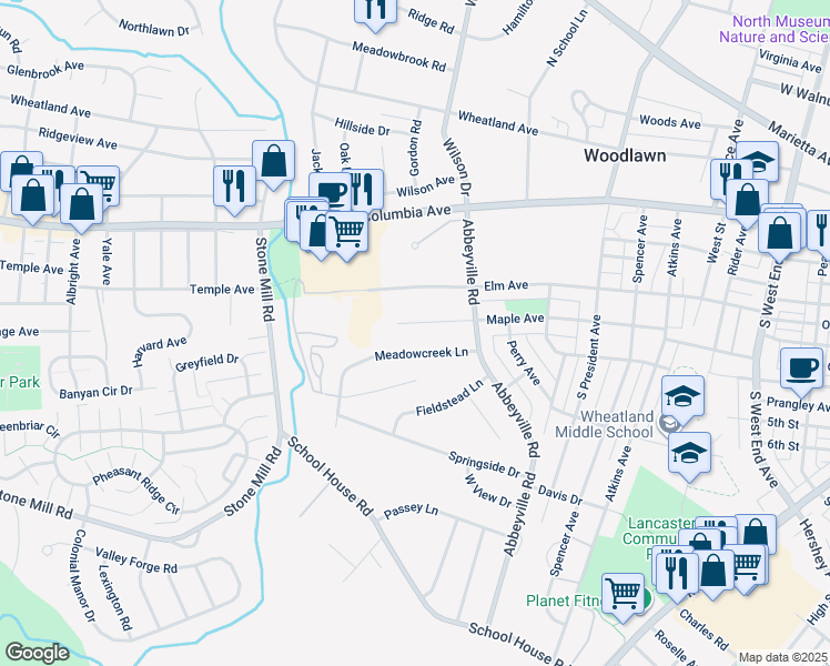 map of restaurants, bars, coffee shops, grocery stores, and more near 1320 Maple Avenue in Lancaster