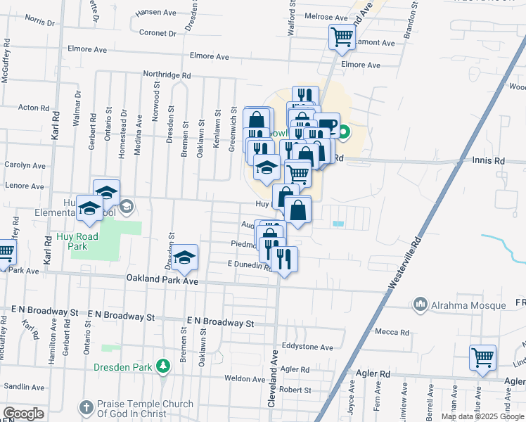 map of restaurants, bars, coffee shops, grocery stores, and more near 1815 Huy Road in Columbus