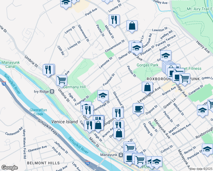 map of restaurants, bars, coffee shops, grocery stores, and more near 287 Fountain Street in Philadelphia