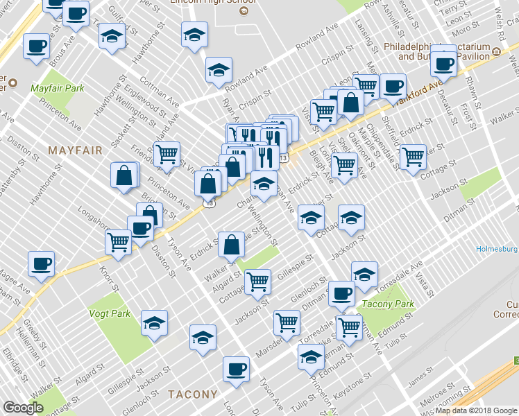map of restaurants, bars, coffee shops, grocery stores, and more near 7208 Erdrick Street in Philadelphia