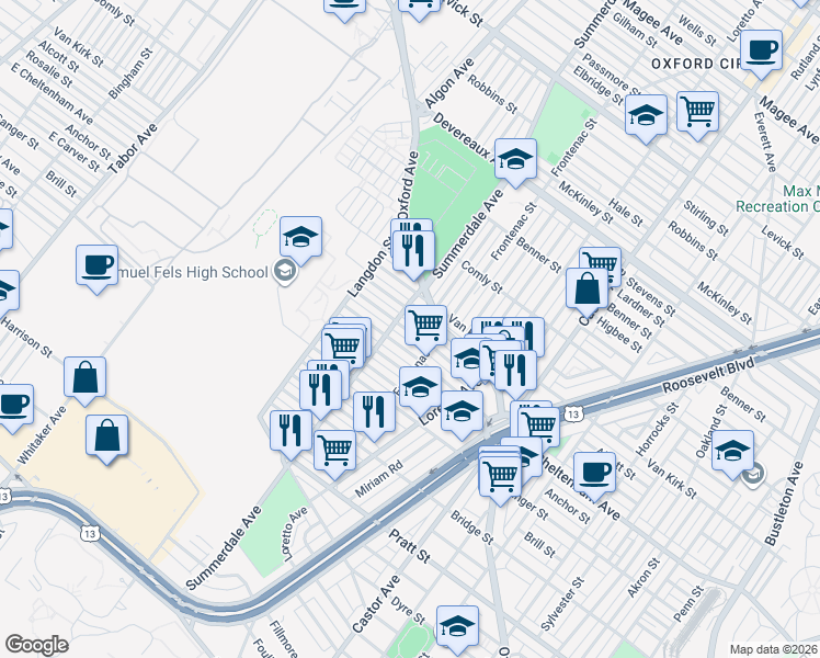 map of restaurants, bars, coffee shops, grocery stores, and more near 1111 Rosalie Street in Philadelphia