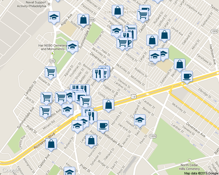 map of restaurants, bars, coffee shops, grocery stores, and more near 1437 Higbee Street in Philadelphia