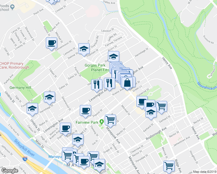 map of restaurants, bars, coffee shops, grocery stores, and more near 444 Leverington Avenue in Philadelphia
