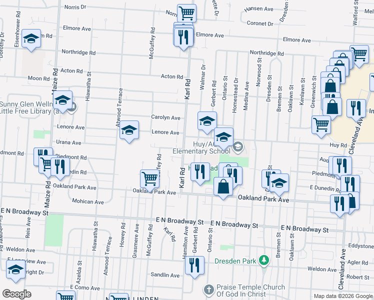 map of restaurants, bars, coffee shops, grocery stores, and more near 3355 Walmar Drive in Columbus