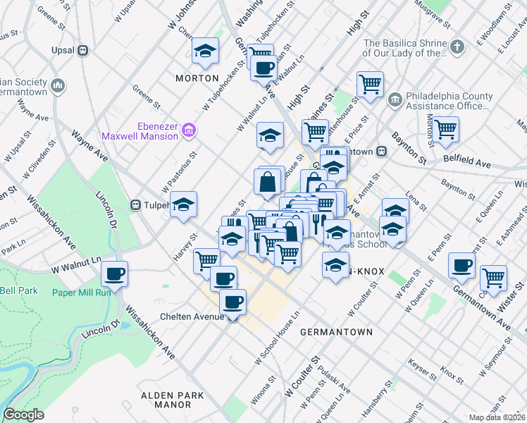 map of restaurants, bars, coffee shops, grocery stores, and more near 5810 Greene Street in Philadelphia