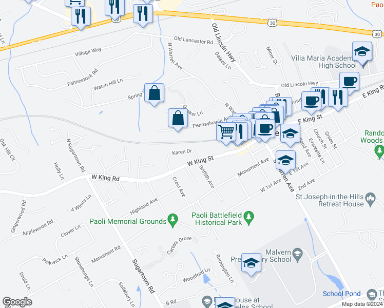 map of restaurants, bars, coffee shops, grocery stores, and more near 1 Karen Drive in Malvern