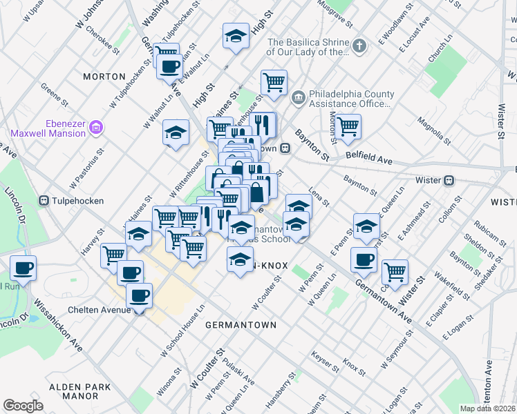 map of restaurants, bars, coffee shops, grocery stores, and more near Germantown Avenue in Philadelphia