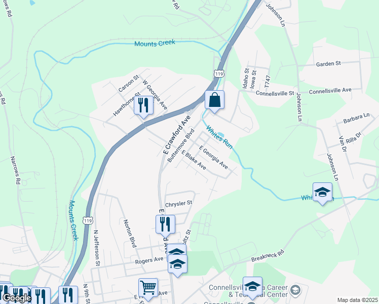 map of restaurants, bars, coffee shops, grocery stores, and more near 206 East Blake Avenue in Connellsville