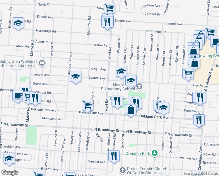 map of restaurants, bars, coffee shops, grocery stores, and more near 3355 Walmar Drive in Columbus