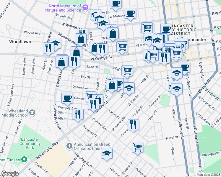 map of restaurants, bars, coffee shops, grocery stores, and more near 35 Caroline Street in Lancaster