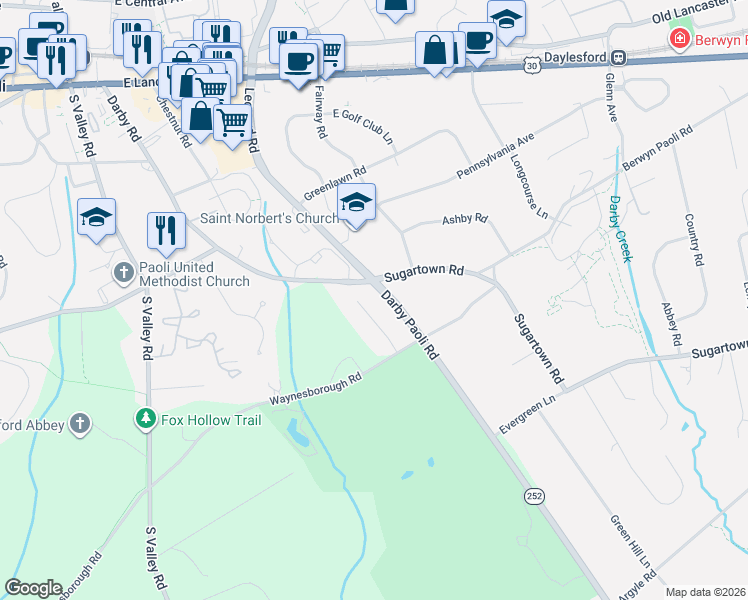 map of restaurants, bars, coffee shops, grocery stores, and more near 305 Continental Lane in Paoli