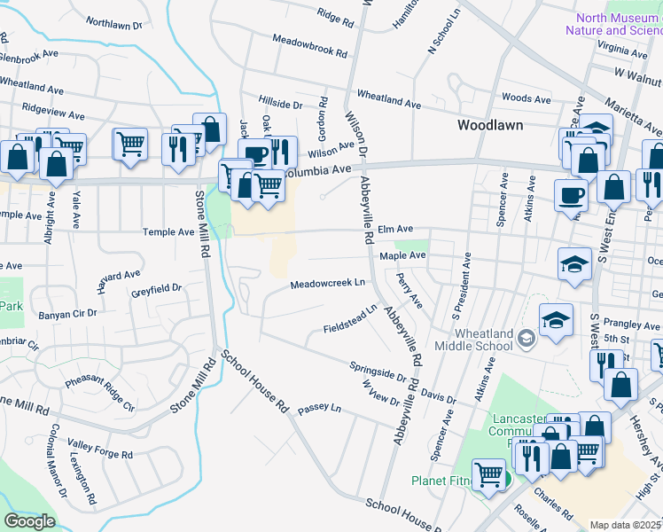 map of restaurants, bars, coffee shops, grocery stores, and more near 1316 Maple Avenue in Lancaster