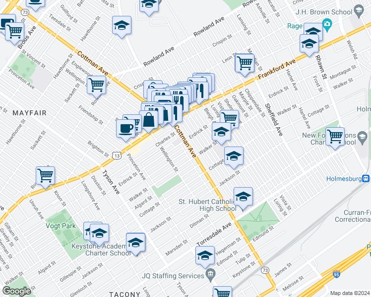 map of restaurants, bars, coffee shops, grocery stores, and more near 4216 Cottman Avenue in Philadelphia