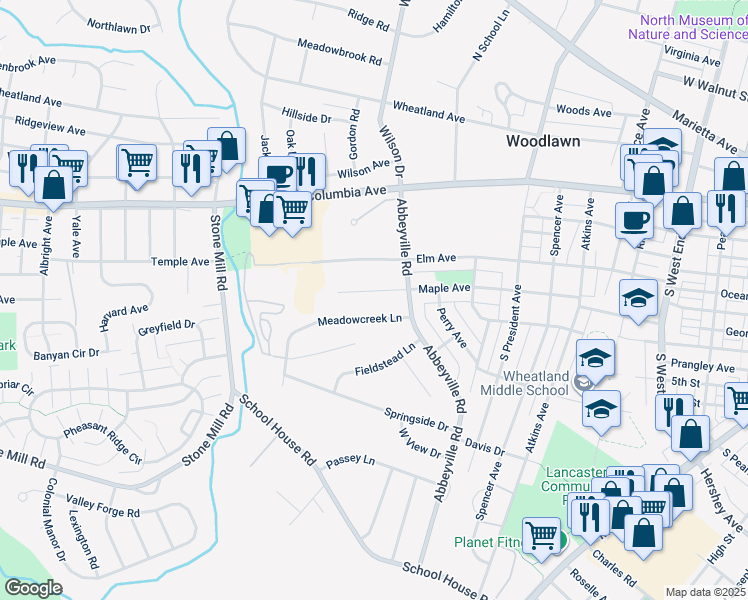 map of restaurants, bars, coffee shops, grocery stores, and more near 1312 Maple Avenue in Lancaster