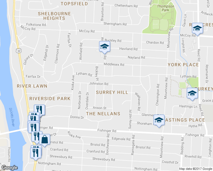 map of restaurants, bars, coffee shops, grocery stores, and more near 2387 Johnston Road in Columbus