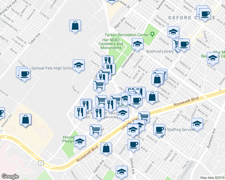 map of restaurants, bars, coffee shops, grocery stores, and more near 1130 Alcott Street in Philadelphia